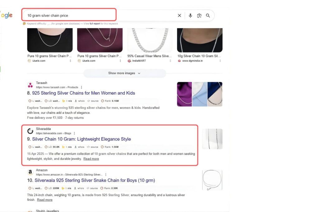 10 gram silver chain price Keyword Result