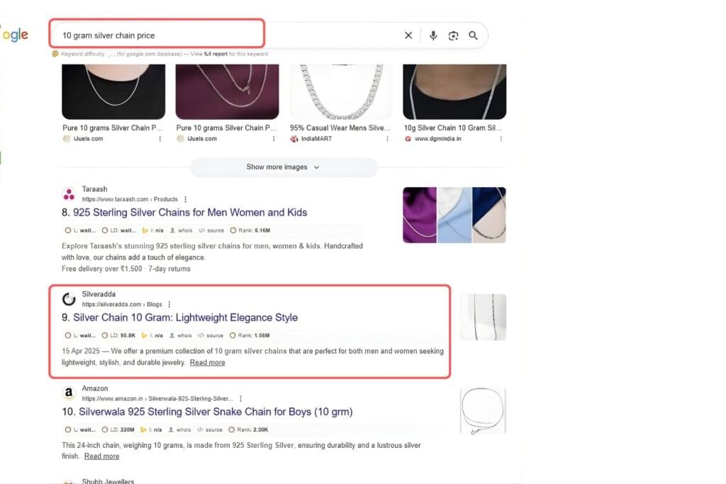 10 gram silver chain price Keyword Result